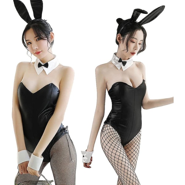 Kvinnor Playboy Bunny Kostym Vuxenunderkläder och svansar Bodysuit Sexig kaninoutfit set med kanintillbehör för flickor Halloween rollspel Cosplay del Black XXL