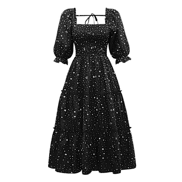 Dame Stjerneprint Firkantet Hals Sammensat Kort Pufærme Flæsekant Casual Midi Kjole 1 Stk Sort XL