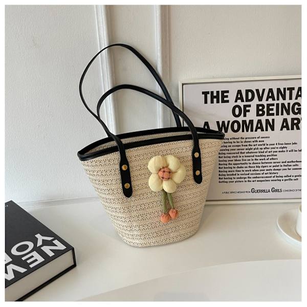 Sommar Tote Väska Dam Satchel Väska Stor Kapacitet Vävd Handväska Med Blomdekor För Jul Födelsedag Strandsemester Black