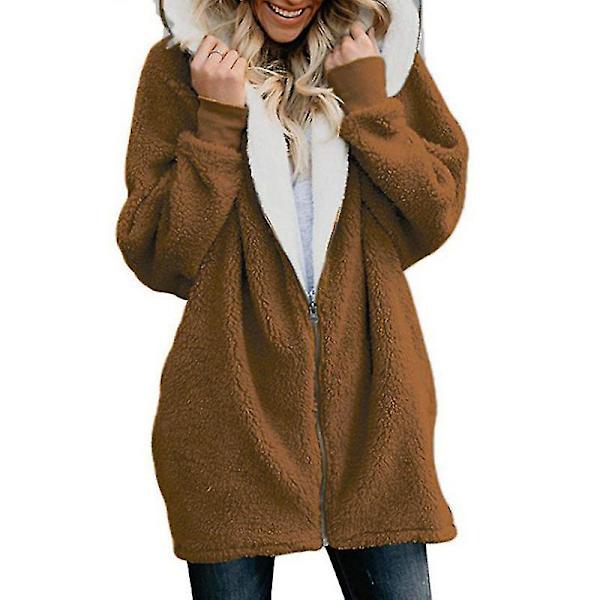 Damkofta Dragkedja Lös Enfärgad Splicing Hooded Ull Plysch Jacka Kappa Brown 4XL