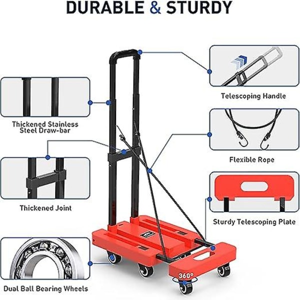 Sammenklappelig vogn, 500 Lb kraftig bagagevogn, multifunktionel platformsvogn med 6 hjul, bagagevogn, rejser, mobil, shopping, kontorbrug red