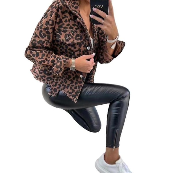 Dame Jeansjakke Leopardtrykk Knappejakke M