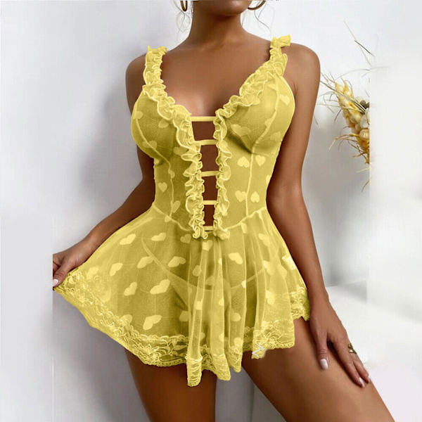 Bästsäljare - Sexig Dam Spets Babydoll Nattlinne Dam Underkläder Sovkläder Plus Storlek Yellow M