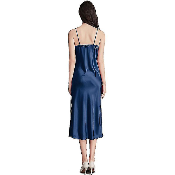 Dam Satin Nattlinnen Lång Chemise Sexig Ärmlös Sidoslits Nattklänning Spaghettiband Sovkläder Blue XS