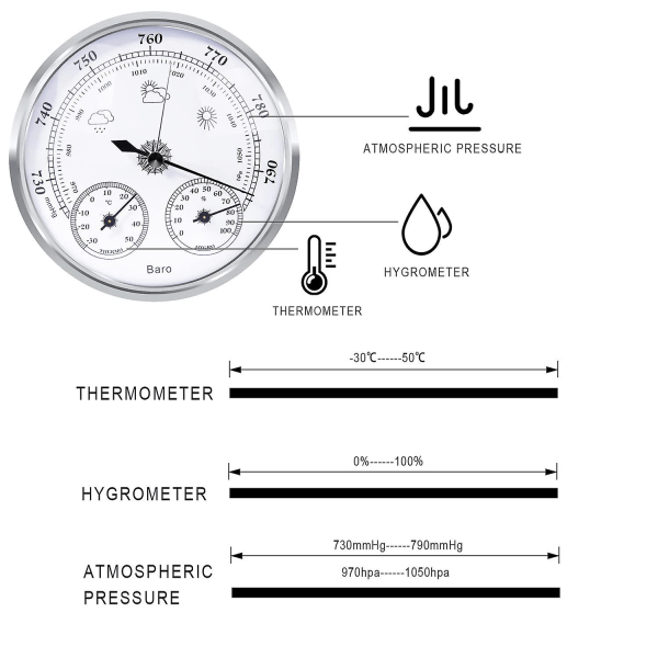 Analog väderstation, barometer, termometer, hygrometersilver, 128mm