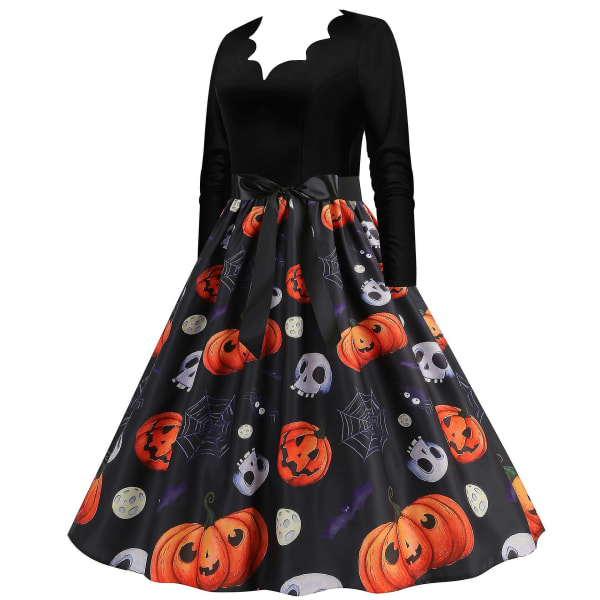 Halloween Kostym Klänningar Dam Skelett Pumpa Tryckt Casual Fåll Klänning Fest COLOR 7 L