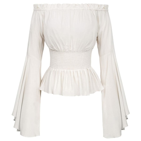 Kvinnor Solid renässansgördel Midjeblus Off Shoulder Toppar Medeltida viktoriansk långärmad skjorta Pirate Cosplay kostym White XL