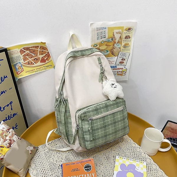 Kawaii Ryggsäck Med Hänge Söt Ryggsäck Rutig Estetisk Ryggsäck Skolväska För Flickor Tonåringar Tillbaka Till Skolan Ryggsäckar Green