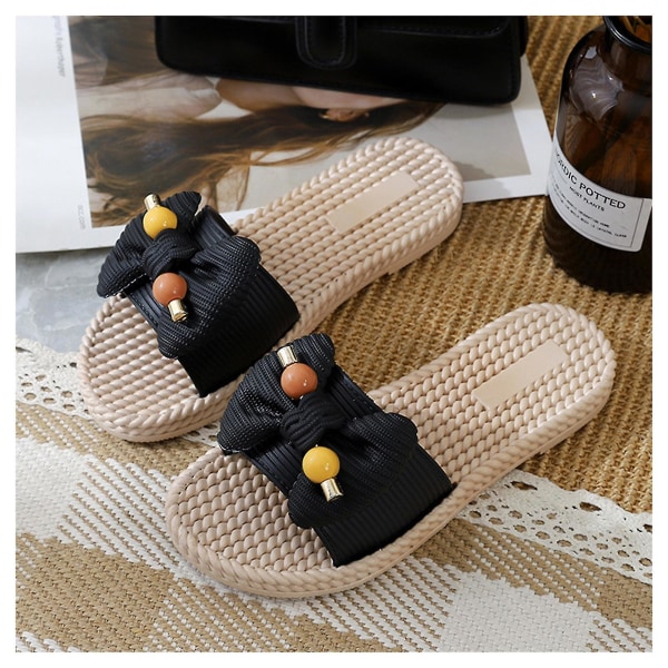 Søte Slippers med Sløyfe for Kvinner, Casual Sommer, Flate Sklisikre Sandaler for Hjemmet R Black 38