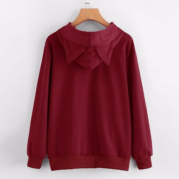Kvinnor Hoodies Sweatshirt Kawaii Rosa Höst Cartoon Katt Mönster Långärmad Moletom Hoodie Sweatshirts Öra Hooed Mujer 04 Wine Red XXL