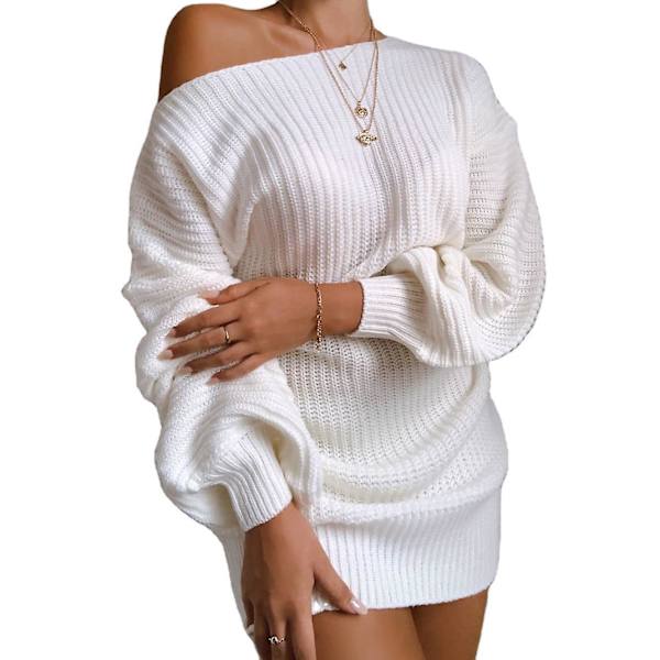Dam Casual Tröja Stickad Klänning Enfärgad Långärmad Tröjklänning För Strandbesök White XL