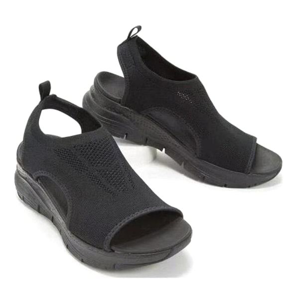 Tjocka sulor strandsandaler för kvinnor mjuka och breda sandaler med läderöverdel för shopping körning promenader Black 39