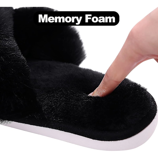 Damskor i plysch med korsband och minnesskum, öppna tofflor för hemmet black 38-39