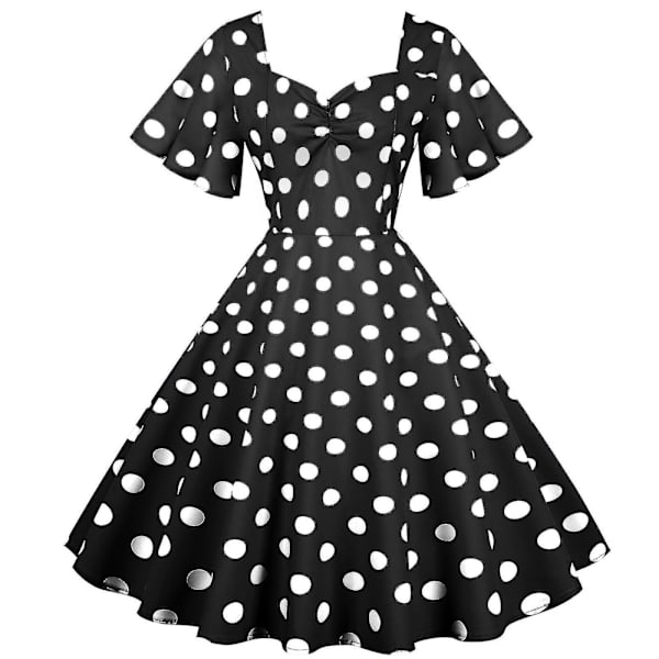 Kvinnors Retro Resestil Vågsöm Kortärmad Prickig Midilång Klänning Black XL