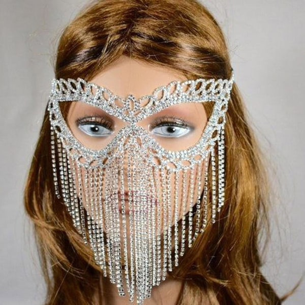 Kristall Slöja Mask Rhinestone Tassel Cat Eye Mask Belly Dance Maskerad Huvudbonad Gold