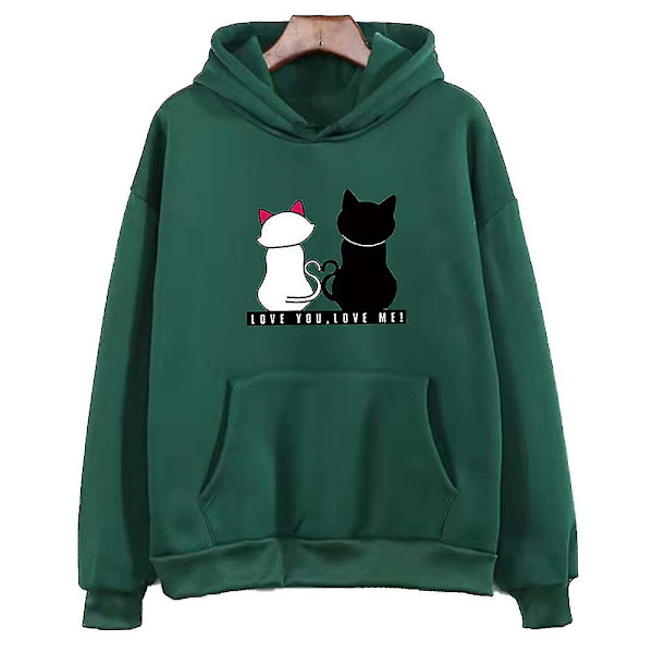 Dame Katteprint Hættetrøje Afslappet Løs Poset Snøre Hættetrøjer Pullover Toppe Dark Green L