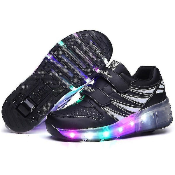 LED Lysende Rullesko Dobbelthjul USB Genopladelige Skøjtesko Sort/pink Black 30