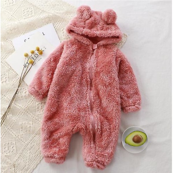 Baby Toddler Vinter Varm Fluffy Hooded Overall Lovely Bear Ear Hoodies Jumpsuit Pink 3-6 Months