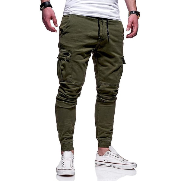Herre Ensfarvede Cargo Combat Lange Joggingbukser Sports Gym Casual Bukser med Snøre Army Green XL