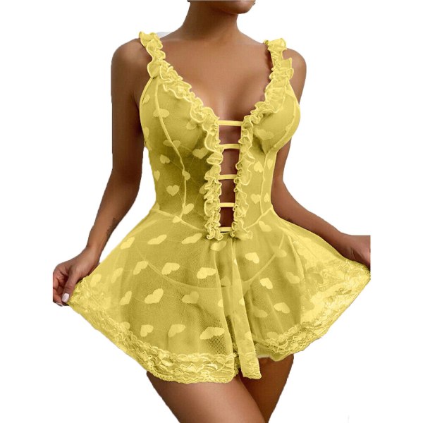 Bästsäljare - Sexig Dam Spets Babydoll Nattlinne Dam Underkläder Sovkläder Plus Storlek Yellow M