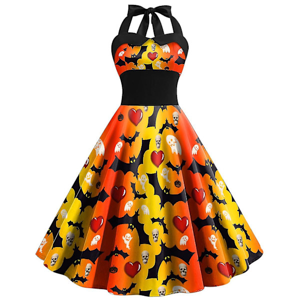 Halloween Dame Græskar Flagermus Spøgelse Skelet Print Ærmeløs Rund Hals Afslappet Kant Kjole COLOR 5 XL