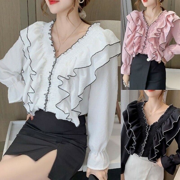 Dame Skjorte Bluse Topp Lang Utsvingt Erme Rynke Volang V-hals Casual Prinsesse-3 Pink M(UK 8)