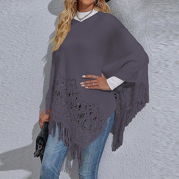 Dame Langermet Poncho Genser Casual Arbeidsgenser Cape Vinter Varm Strikket Kappe Gray S