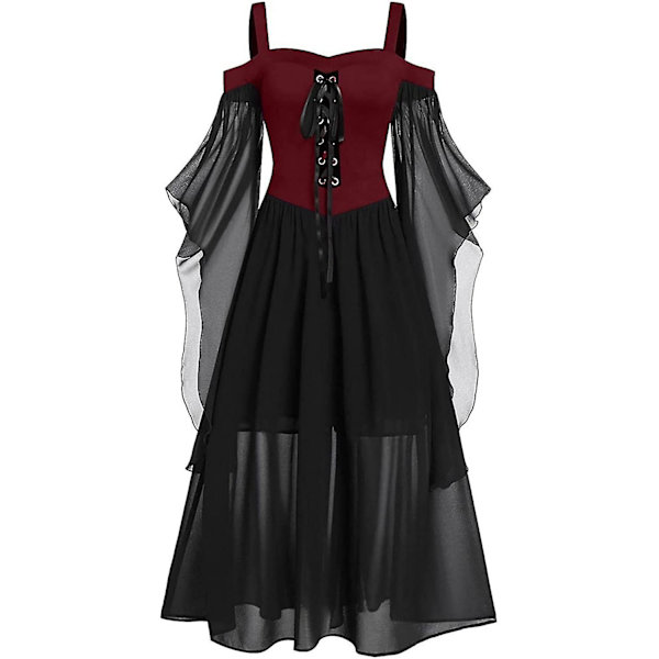 Maxikjole med sommerfugleærmer til kvinder, middelalder punk gotisk tøj, sexet Halloween kostume, kjoler med kolde skuldre og korset C-wine Large