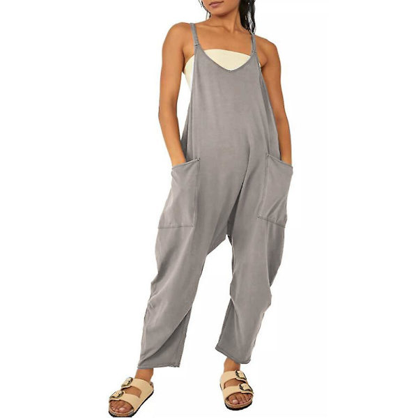 Dam Dam Vår Sommar Ledig Lös Lång Hängselbyxor Jumpsuits Playsuits Baggy Rompers Med Fickor Grey M