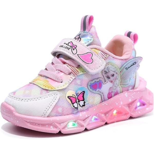 Coola skor för flickor Elsa Led Light Up Skor Blinkande barnskor 27 Rosa Sneaker Baby Sport Blinkande Sneakers Löptränare Flicka Mode Princ 21 EU Rosa Leder