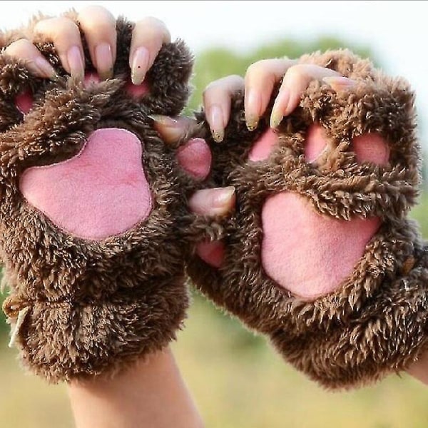 Kattflicka öppna finger katt tass varma handskar förtjockade fluff handformad borste halvfingerhandskar Light brown Average size