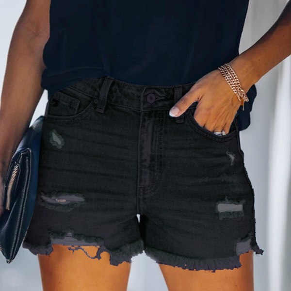 Kvinnors Mid Rise Ripped Stretchy Jeans Shorts  Casual Denim Shorts black L