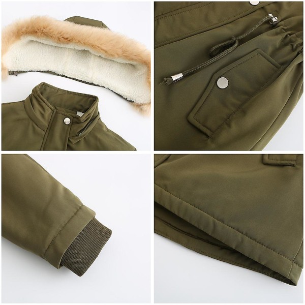 Tykk hætteparkacoat til damer, vindtæt fleeceforet jakke med lommer Army Green XL