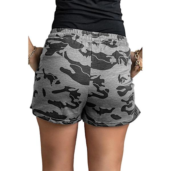Dame Elastisk Talje Snøre Sports Shorts Sommer Casual Camo Hot Pants Med Lommer Light Grey M