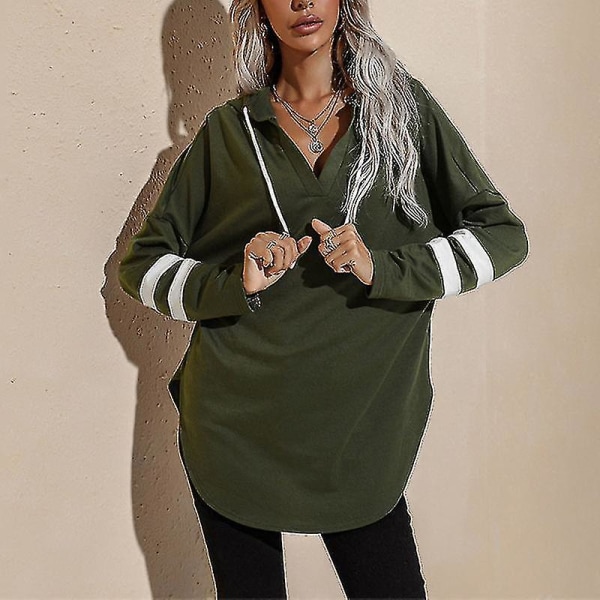 Dam Hoodie Lösa dragsko med ränder med printed sweatshirtskjorta Army Green XL