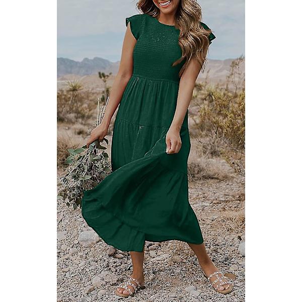 Sommarklänning för damer, ledig, med korta fjärilsärmar, rund hals, smockad resår i midjan och volangkjol i midilängd Forestgreen XLarge
