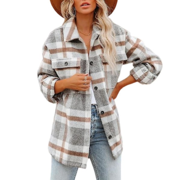 Dame Rutete Ullblanding Langermet Skjortejakke Shackets Grey L