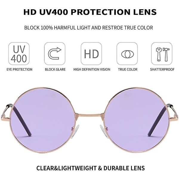Hippie Kostume Briller Til Kvinder Mænd 70'erne 80'erne Disco Hippie Briller Cirkel Tonede Farve Solbriller Purple Lens