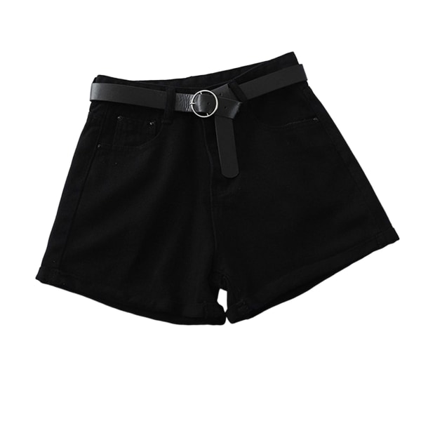 Dame Højtaljede Denim Shorts Korte Jeans med Strop til Afslappet Shopping og Rejser Black L