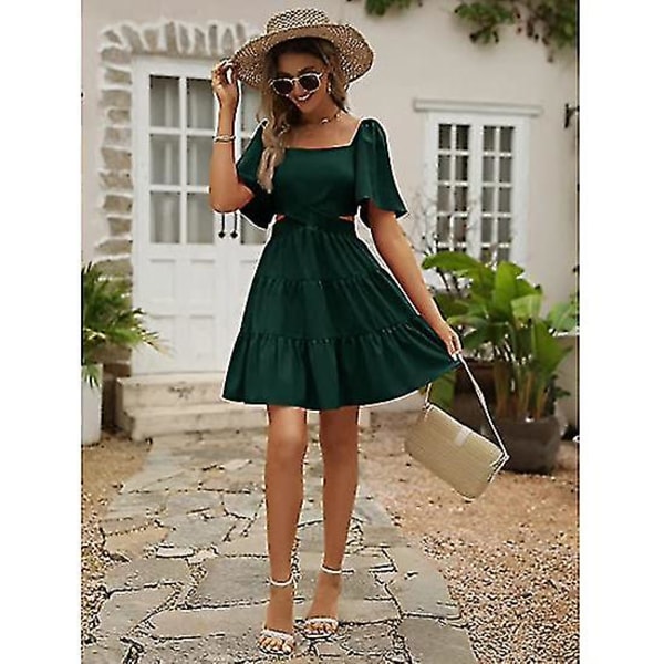 Dame 2023 Sommer Cutout Mini Kjoler Kortermet Firkantet Hals Kryssende Midjekjole Dark green XL
