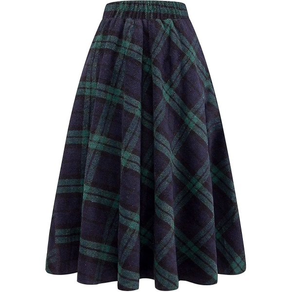 Dame Høy Elastisk Midje Maxi Skjørt A-linje Rutete Vinter Varm Flare Lang Skjørt L Long Green X-Large