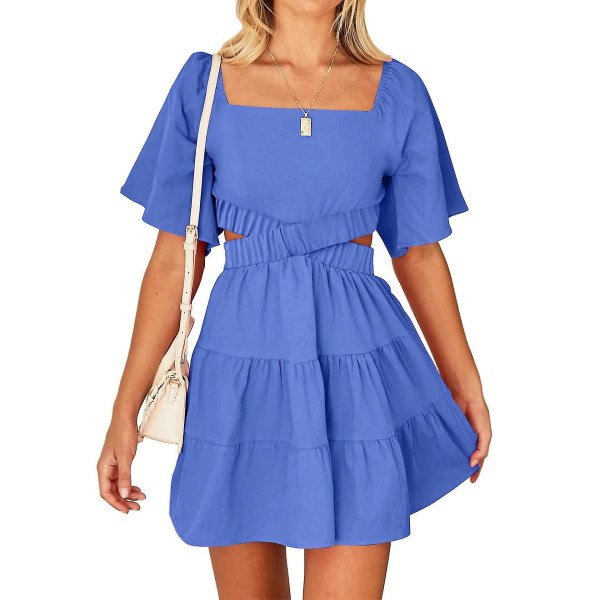 Dame 2023 Sommer Cutout Mini Kjoler Kortermet Firkantet Hals Kryssende Midjekjole Blue XL