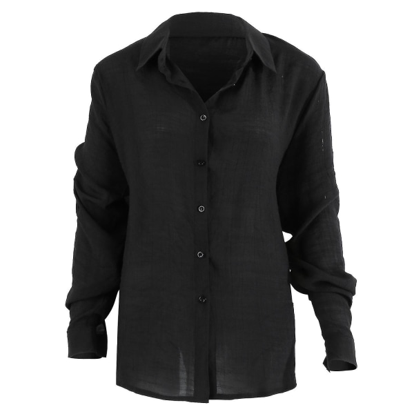 Dam V-ringad T-shirt långärmad Button Down blusar Toppar Black XL