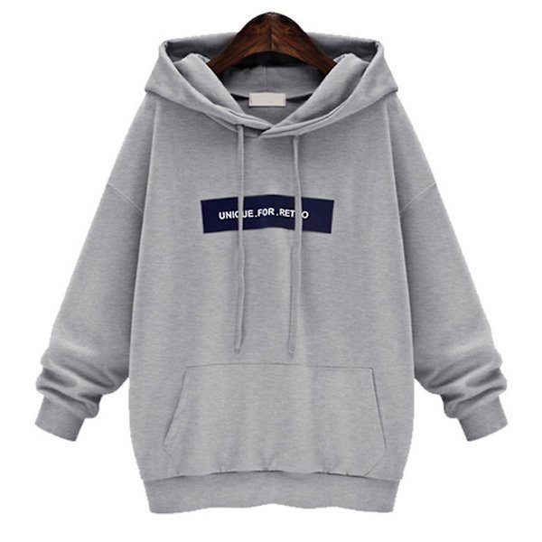 Tryckt damhoodie med framficka, ledig vintertröja, lös passform Light Grey M