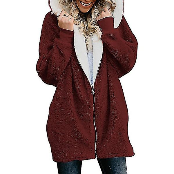 Damkofta Dragkedja Lös Enfärgad Splicing Hooded Ull Plysch Jacka Kappa Claret 4XL