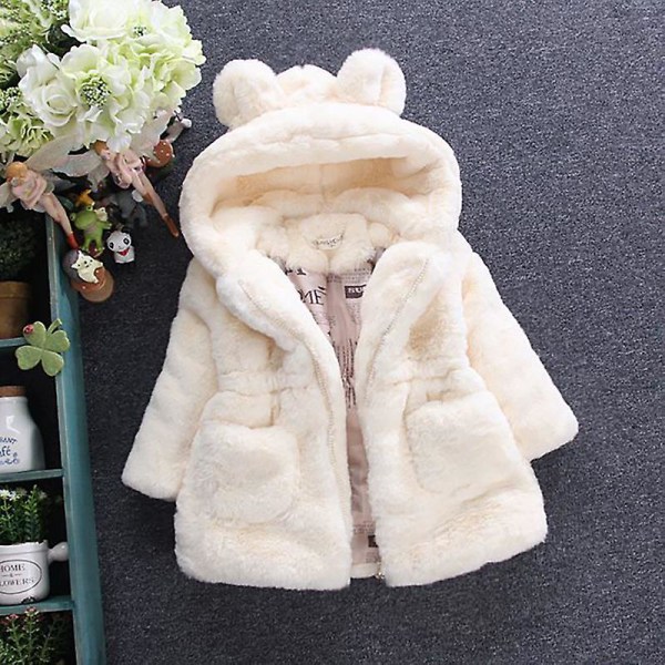 Jenter Vinter Myk Fuskepels Hettejakke Fleece Tykk Varm Jakke Yttertøy White 4-5 Years