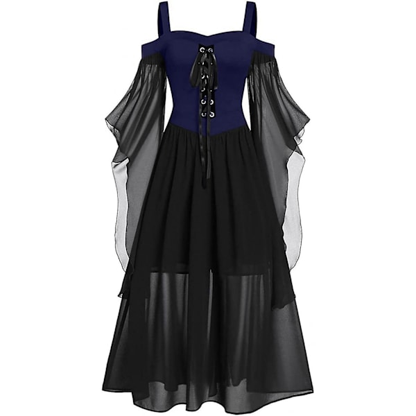 Maxikjole med sommerfugleærmer til kvinder, middelalder punk gotisk tøj, sexet Halloween kostume, kjoler med kolde skuldre og korset C-dark Blue 3X-Large