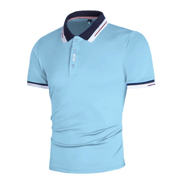 Herr Kortärmad Pikétröja Sommar Casual Knapp V-ringad Krage T-shirt Sport Golf Slim Fit Toppar Lake Blue XL