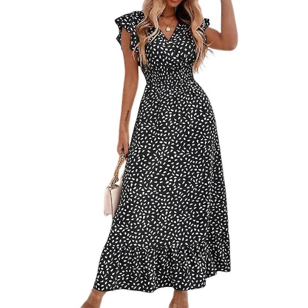 Sommarklänning för kvinnor Allover Print Shirred Ruffle Dress For Women Casual Daily Black M