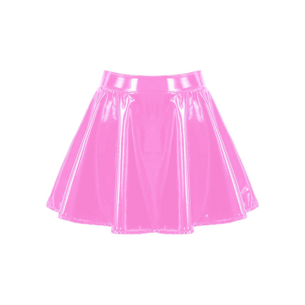 Dam Osynlig Dragkedja A-linjeformad Kort Mini Kjol Glansigt Lackläder Utsvängd Minikjol Klubb Bar Poledance Performance Kostym Pink XXXL